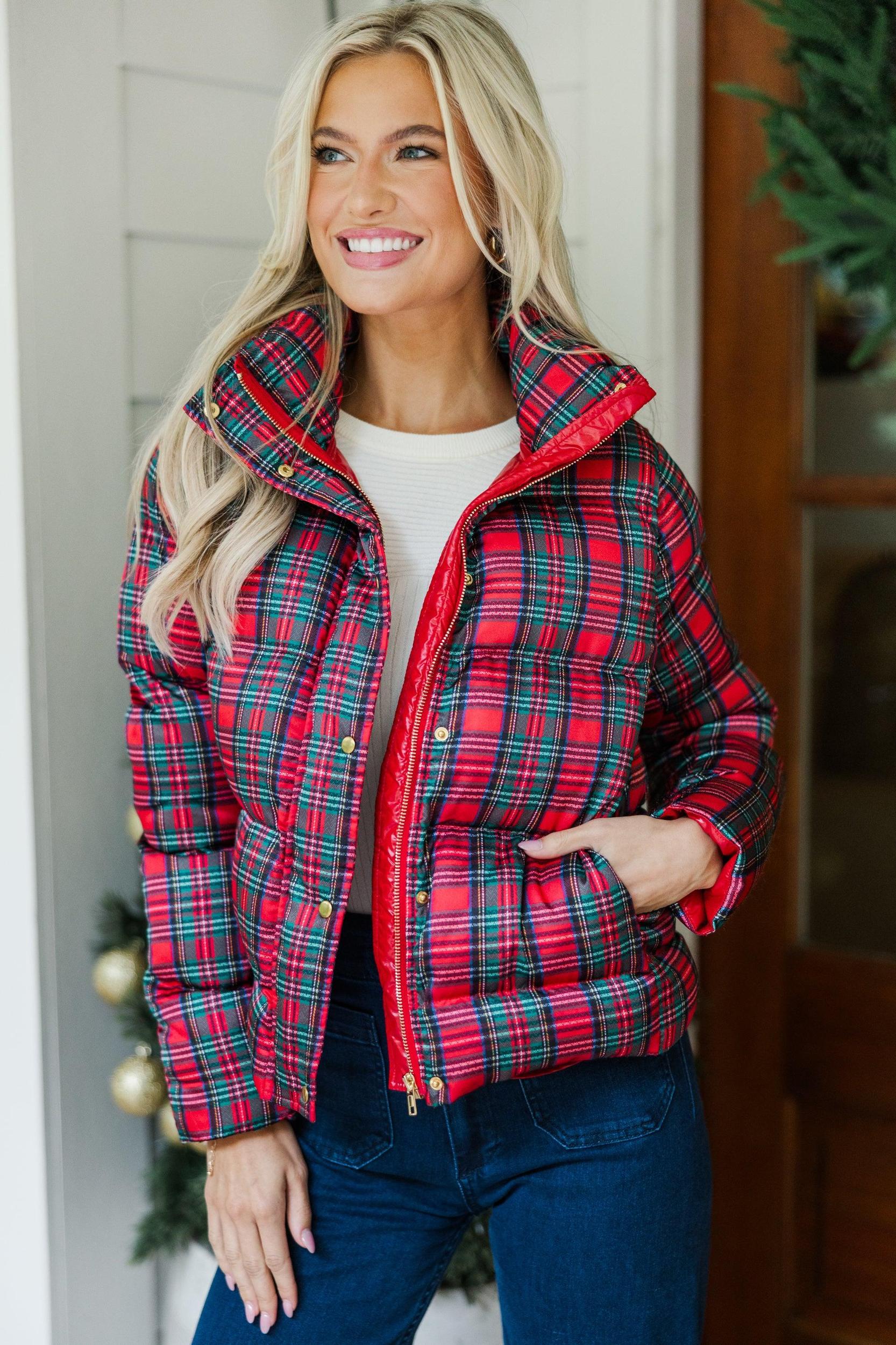 Oh So Merry Red Plaid Puffer Jacket Female Product Image