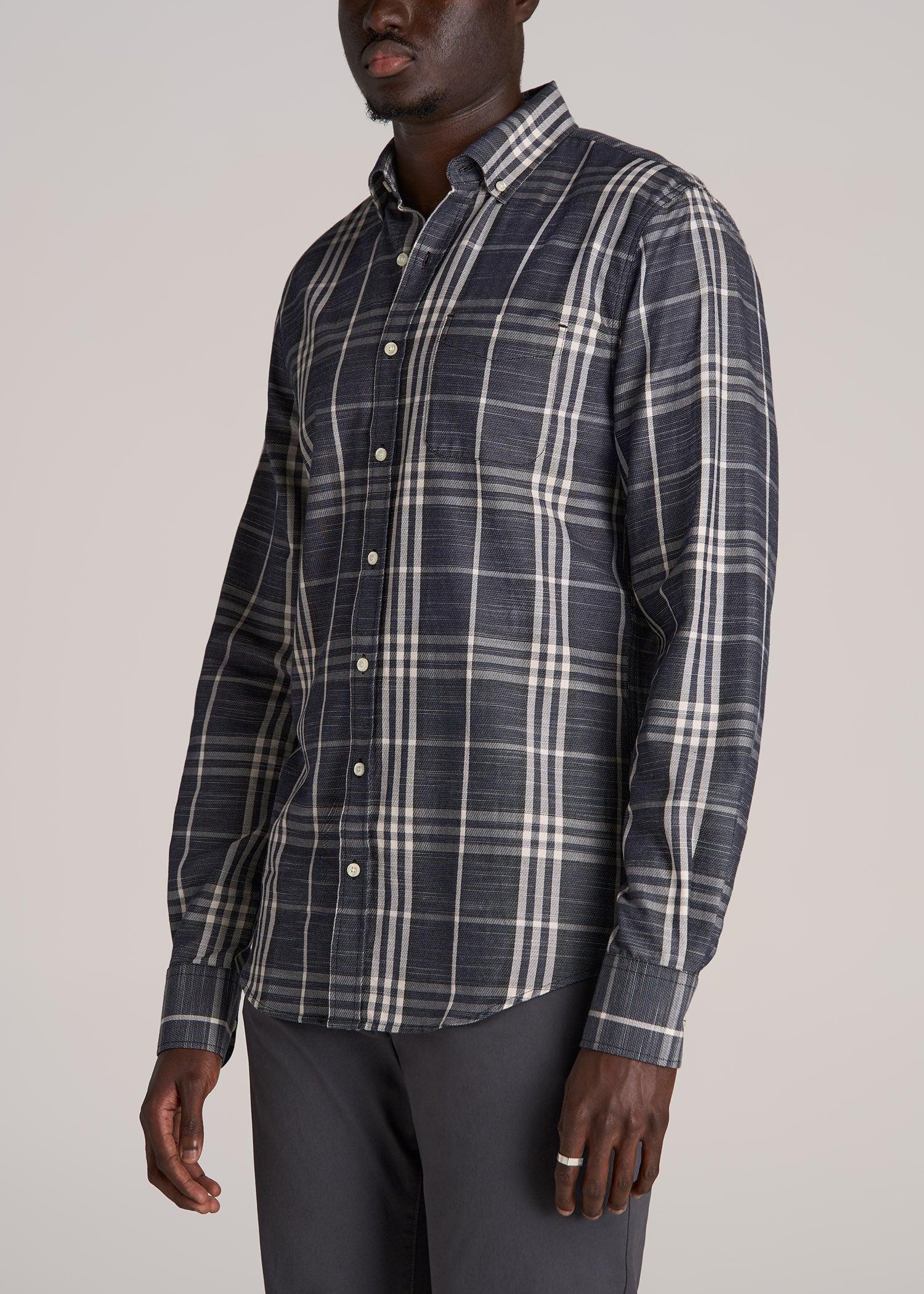 Textured Weave Cotton Button-Up Shirt for Tall Men in Dark Blue Plaid Male Product Image