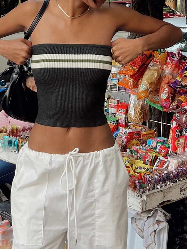 Knit Striped Bandeau Crop Top Product Image