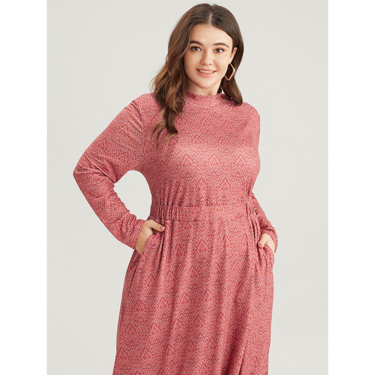 Plus Size Bandana Print Mock Neck Pocket Ruffle Hem Dress Scarlet Women Elegant Elastic Waist Mock Neck Long Sleeve Curvy Midi Dress BloomChic 10/M Product Image