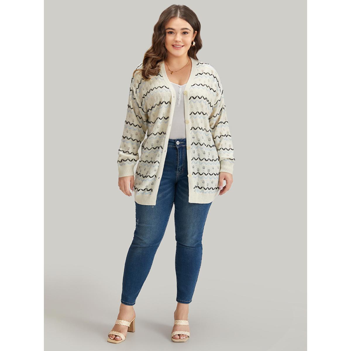 Plus Size UltraCool Wave Striped Eyelet Button Through Cardigan Beige Women Casual Loose Long Sleeve Everyday Cardigans BloomChic 26/4X Product Image