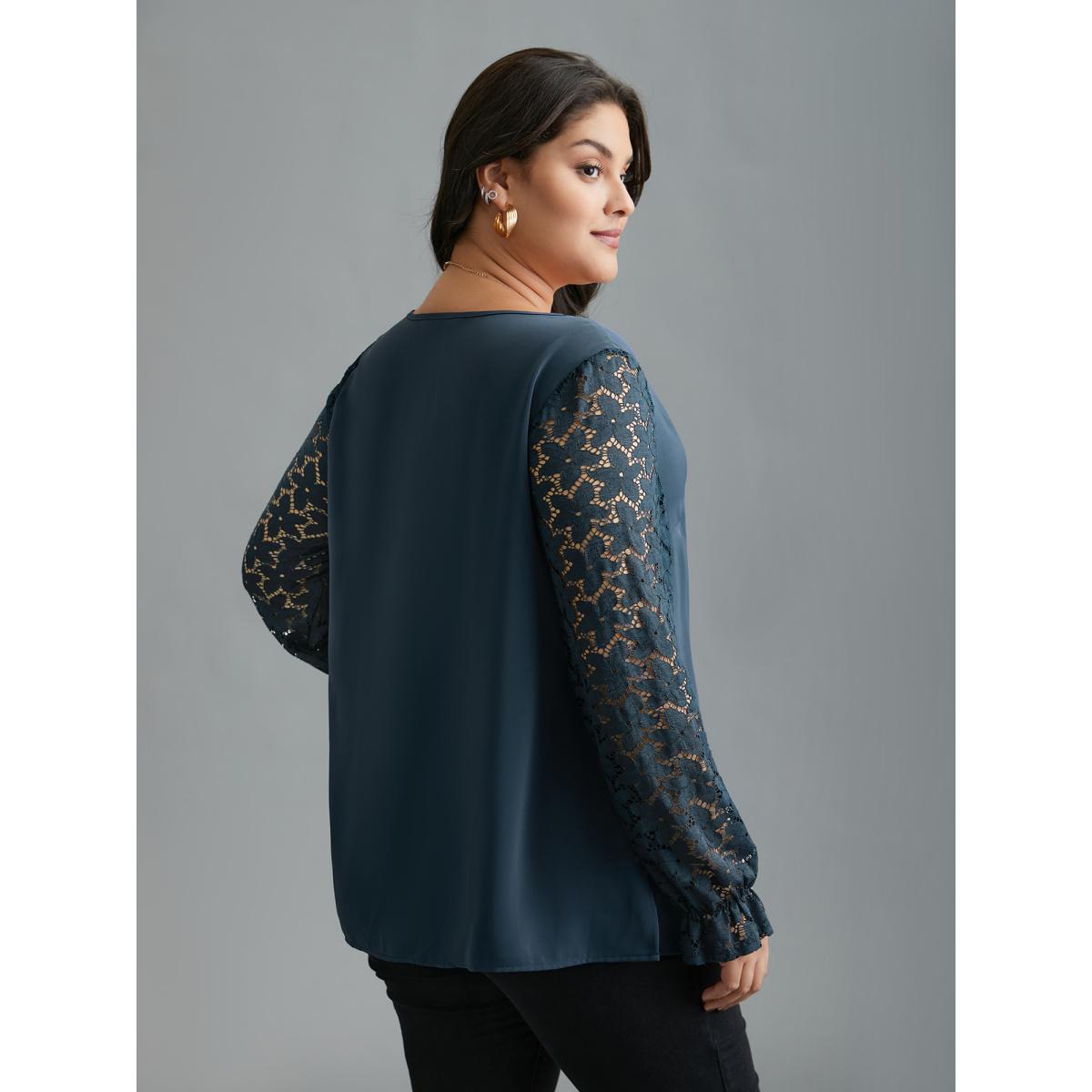 Plus Size Indigo Sheer Floral Sleeve Scalloped Neck Shirt Women Elegant Long Sleeve V-neck Everyday Blouses BloomChic 28/5X Product Image