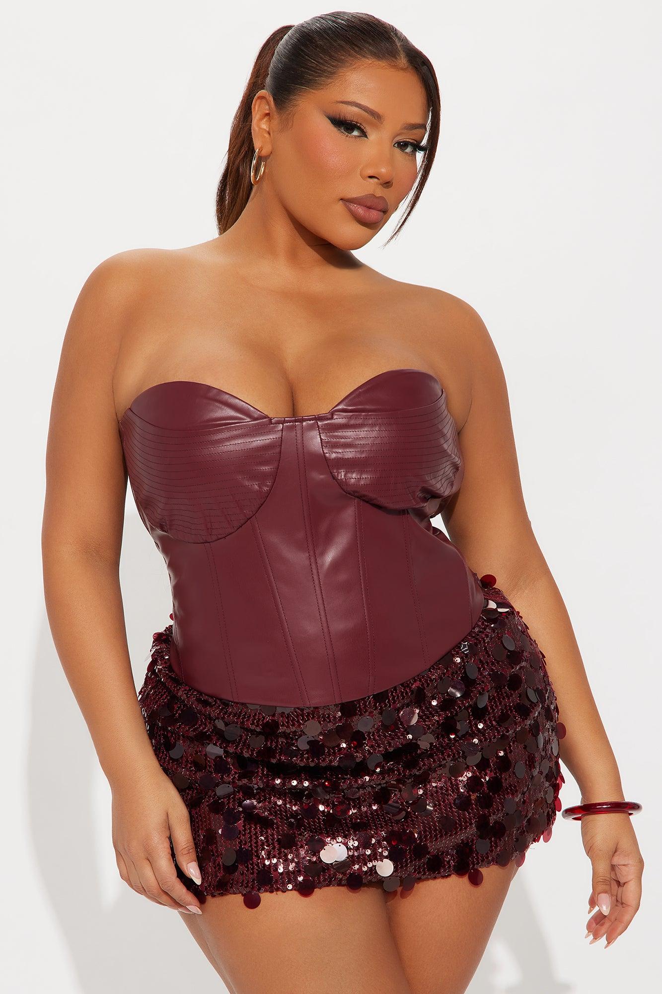 Too Perfect Faux Leather Corset Top - Burgundy Female Product Image