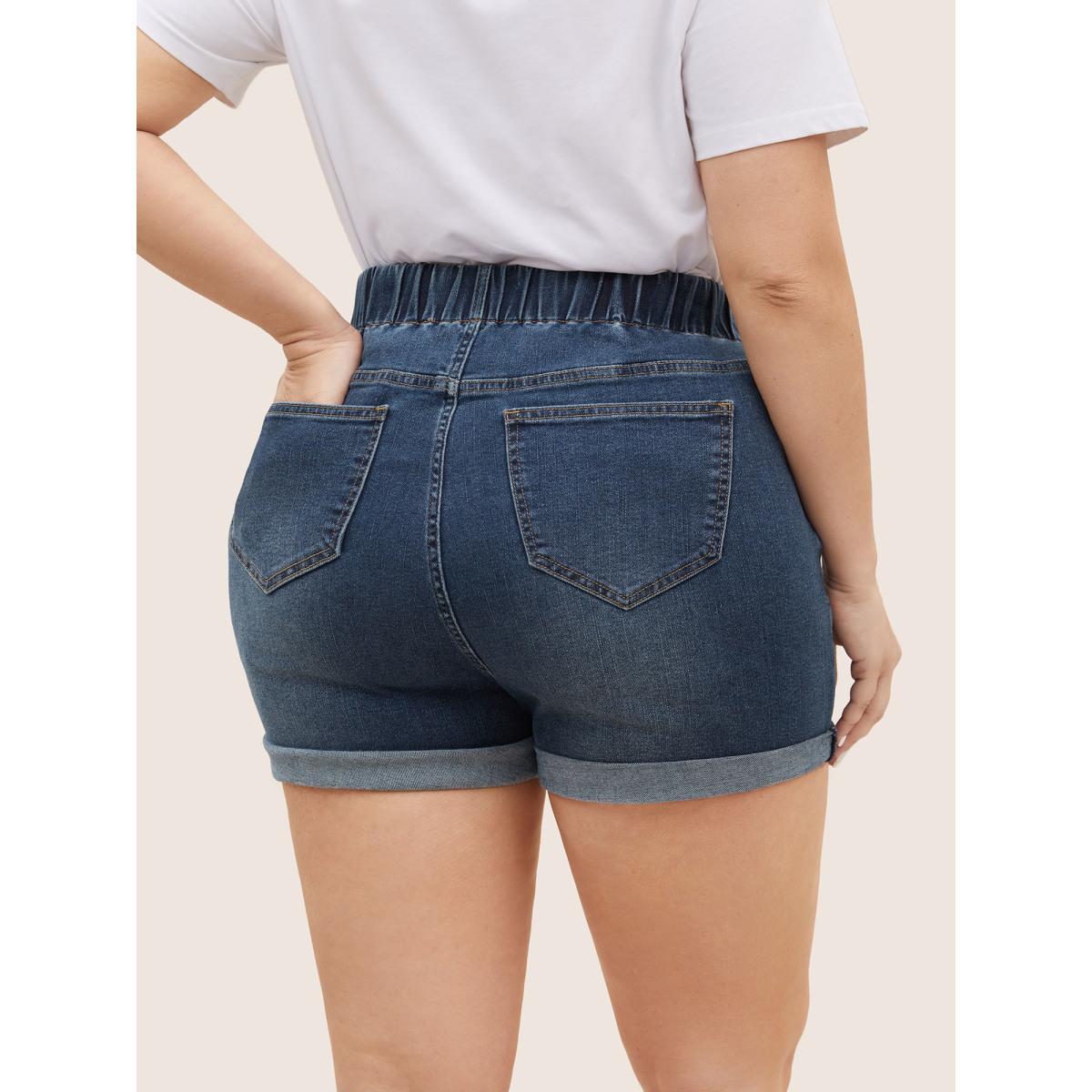 Plus Size Dark Wash Elastic Waist Roll Hem Denim Shorts Women DarkBlue Roll Hem Medium stretch Everyday Slanted pocket Casual Denim Shorts BloomChic 12/L Product Image