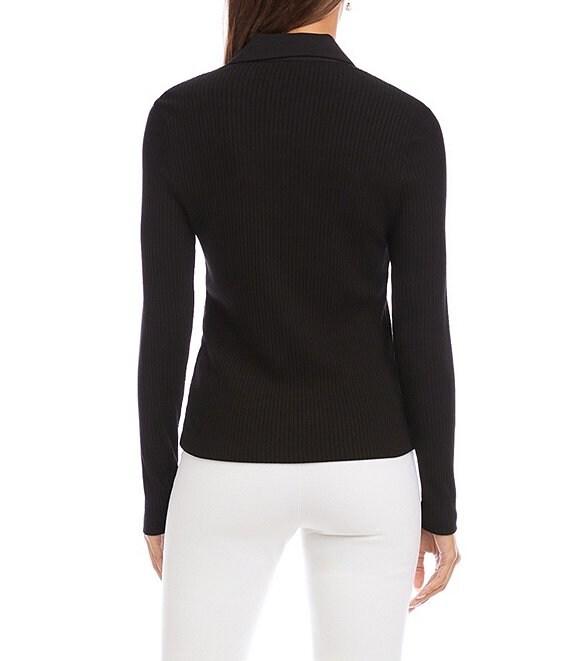 Karen Kane Ribbed Knit Contrast Point Collar Long Sleeve Button Front Shirt Product Image