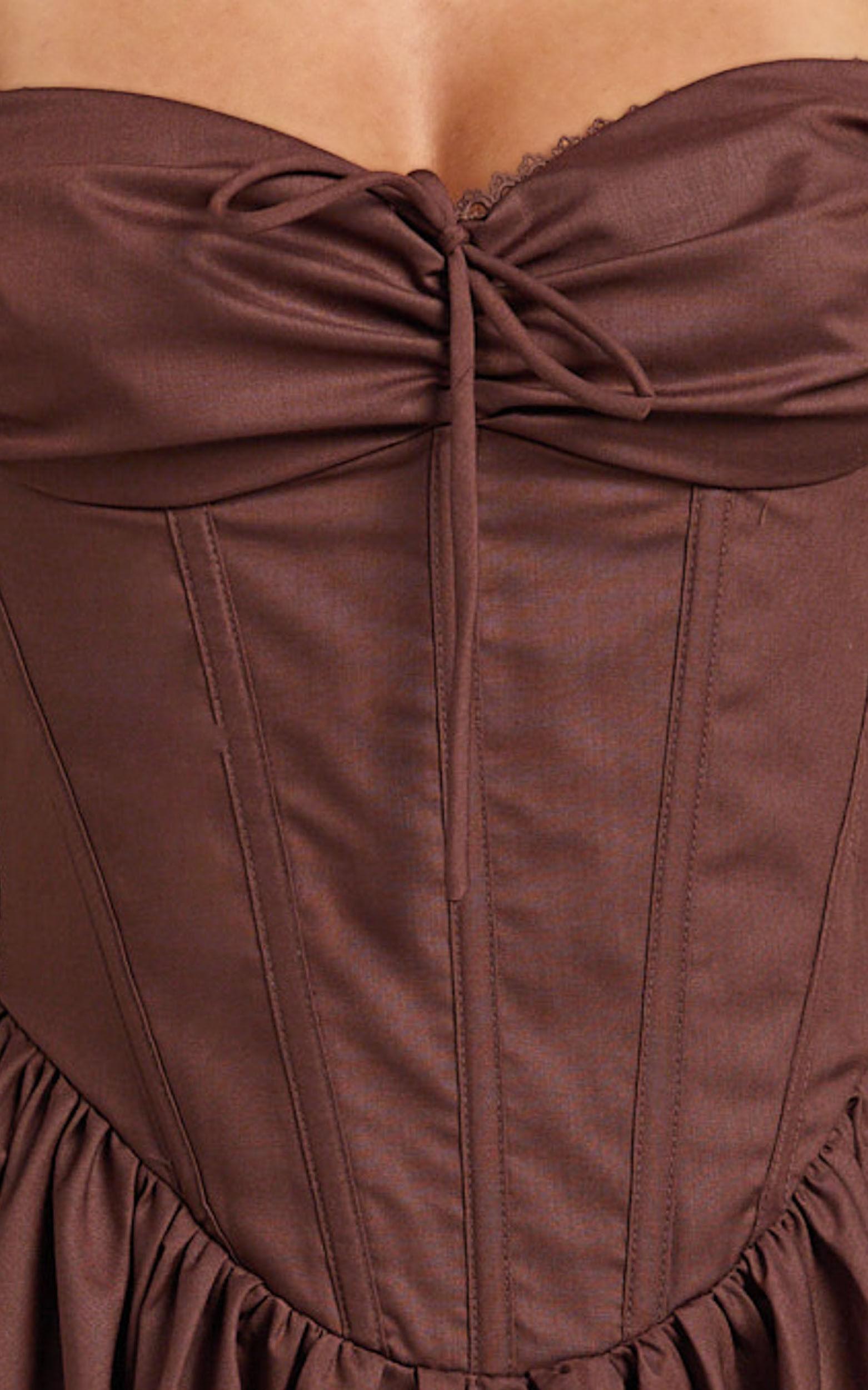 Jonas Mini Dress - Corset Ruched Lace Trim Dress in Chocolate Product Image