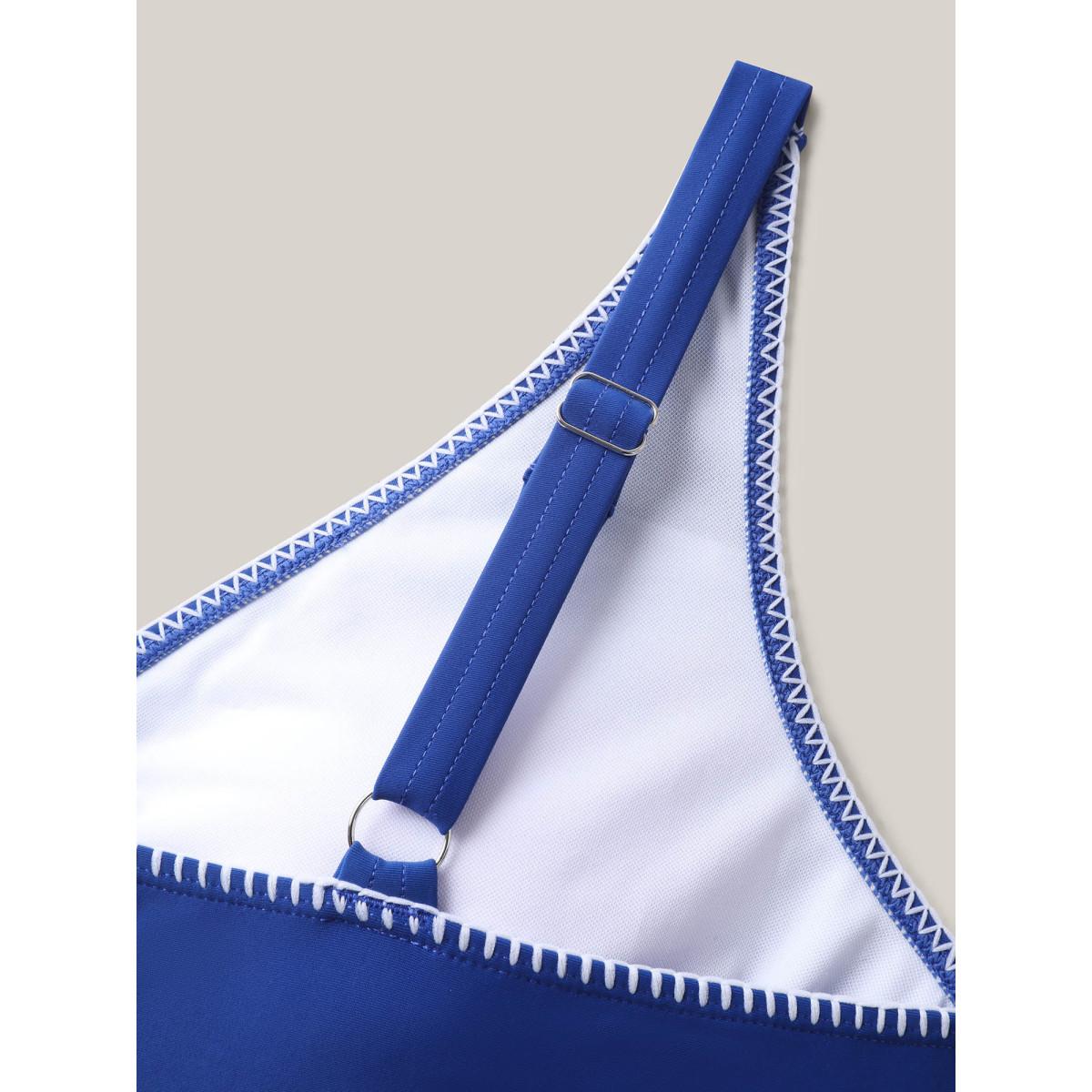 Plus Size Anti-Float Tie Floral Print Embroidered Swim Dress Women's Swimwear Mediumblue Beach Bodycon Overlap Collar High stretch Curve Swim Dresses BloomChic 28/5X Product Image