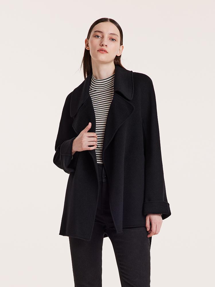 Tencel Wool Lapel Double-Faced Women Coat With Belt Product Image