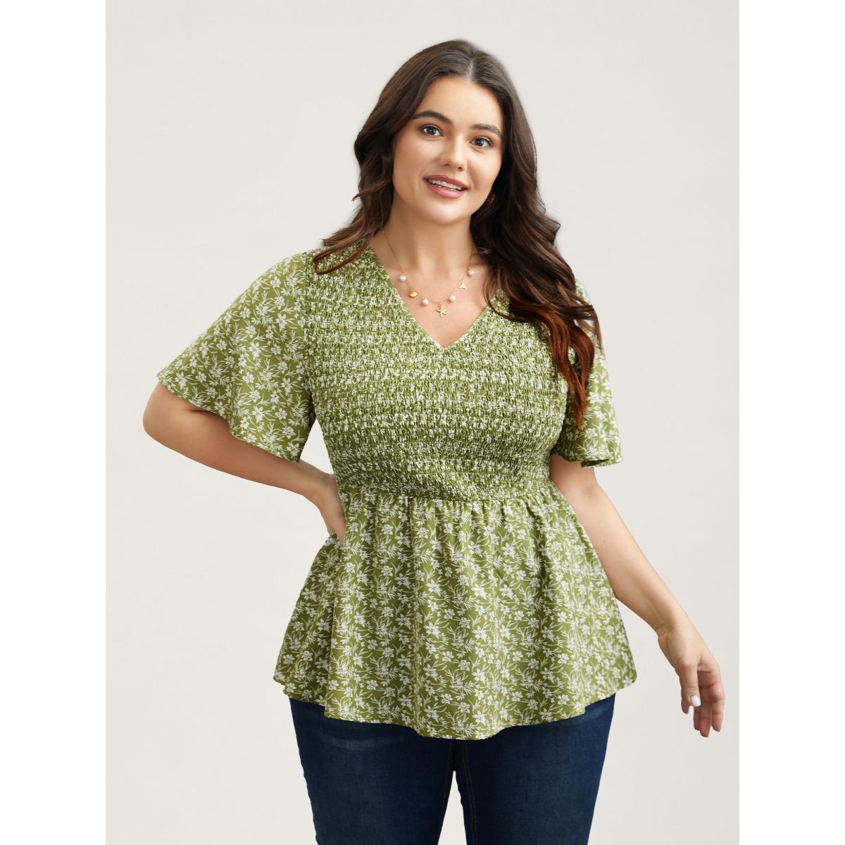 Plus Size Sage Floral Print Shirred Front Peplum Shirt Women Elegant Short sleeve V-neck Everyday Blouses BloomChic 14-16/1X Product Image