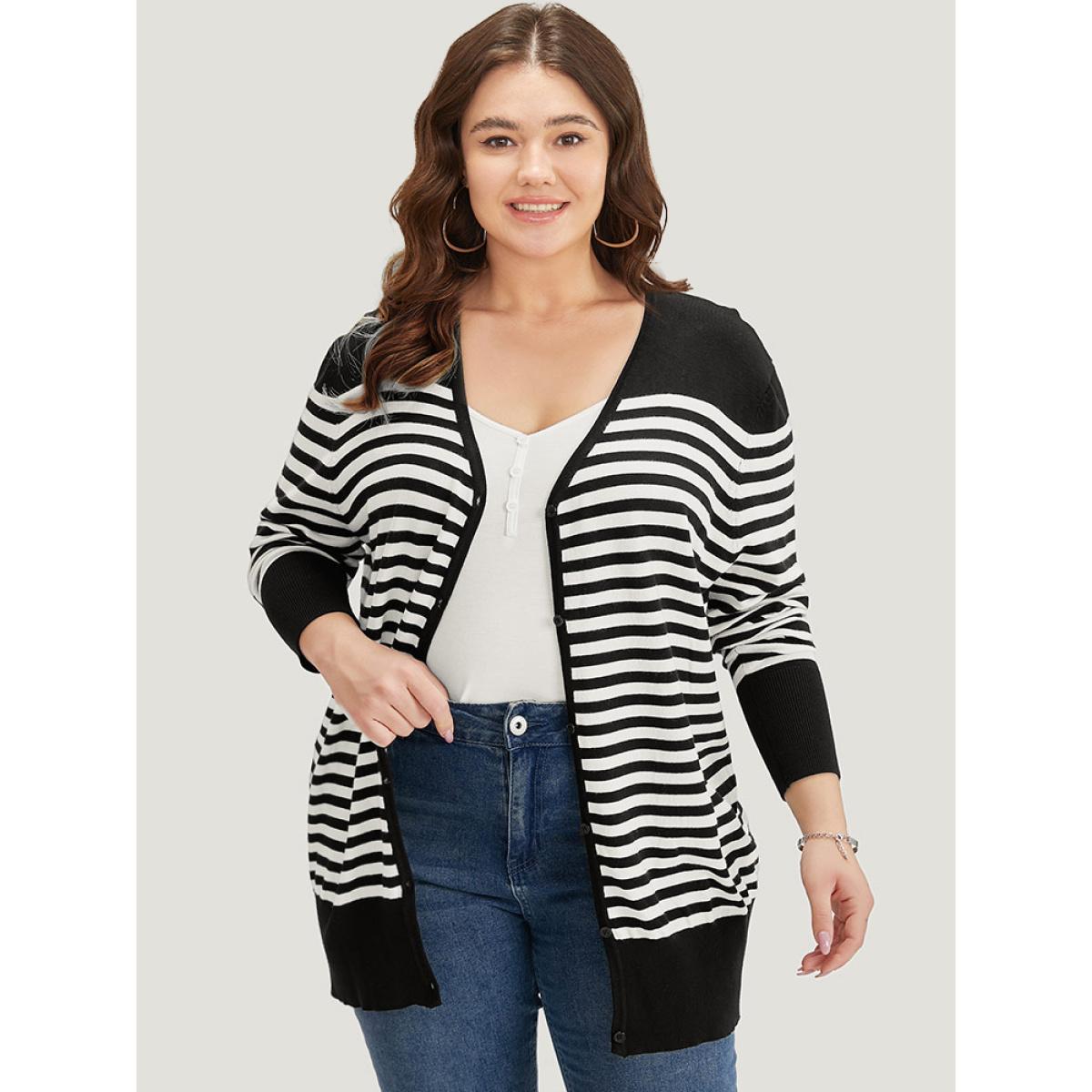 Plus Size Supersoft Essentials Striped Patchwork Elastic Cuffs Cardigan Black Women Casual Loose Long Sleeve Dailywear Cardigans BloomChic 18-20/2X Product Image