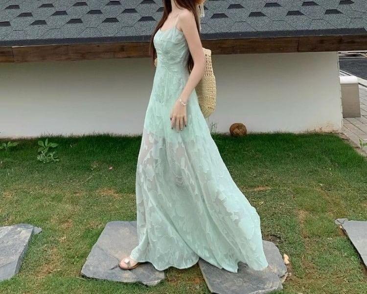 Spaghetti Strap Scoop Neck Floral Sheer Panel Maxi A-Line Dress Product Image