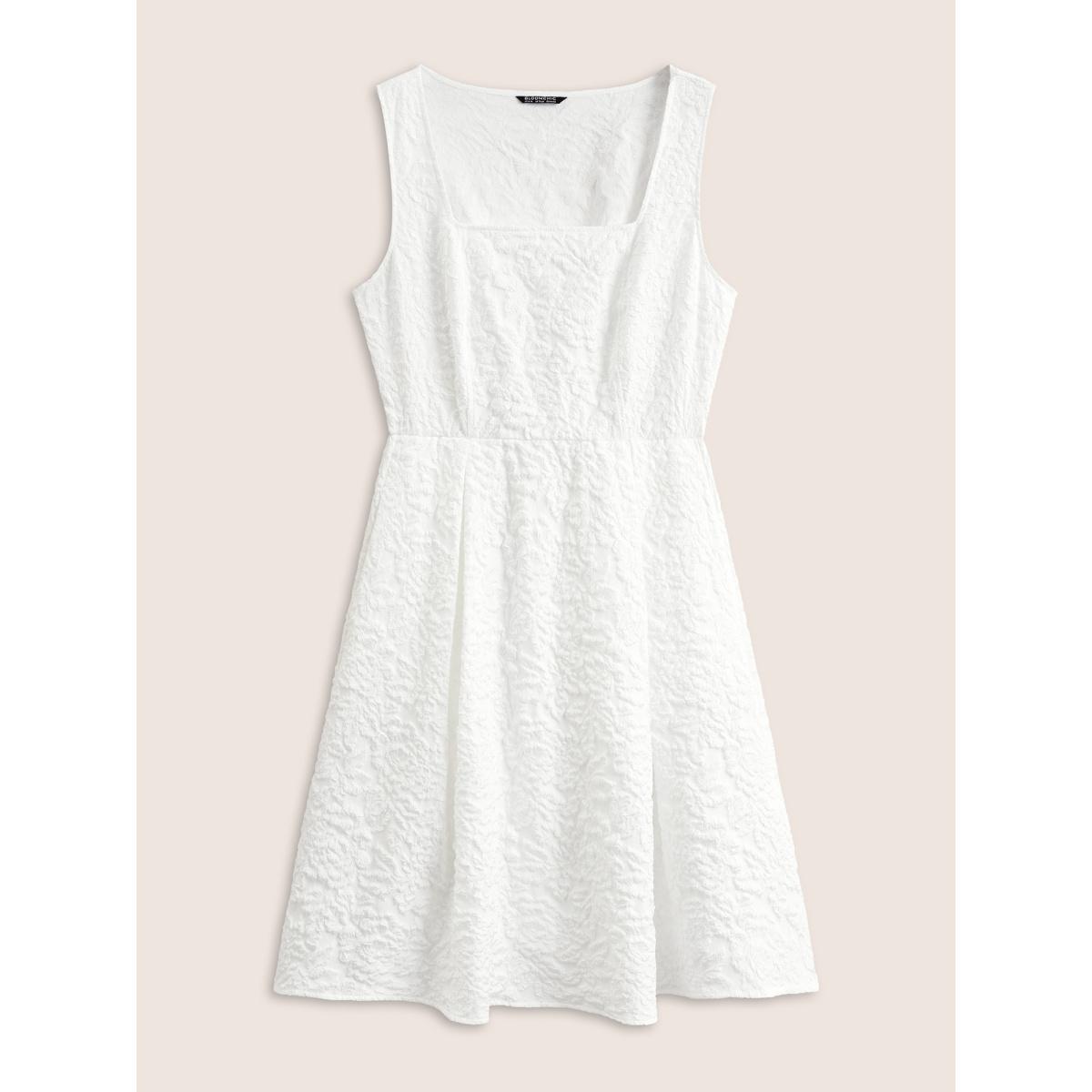 Plus Size Textured Solid Pocket Square Neck Tank Dress White Women Elegant Texture Square Neck Sleeveless Curvy Midi Dress BloomChic 22-24/3X Product Image