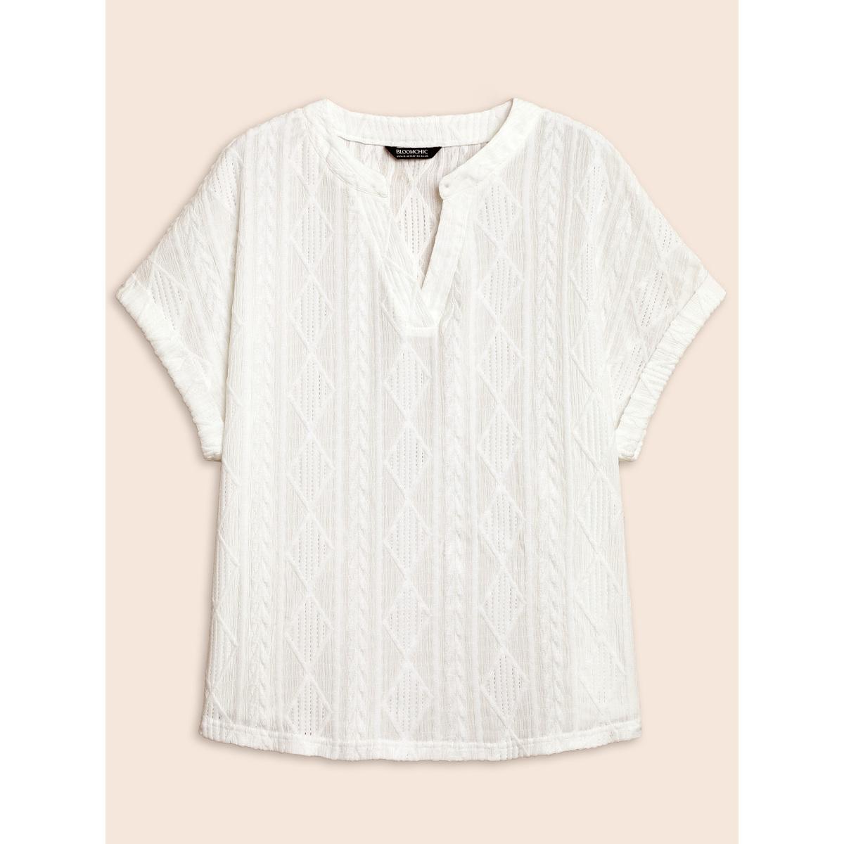 Plus Size Plain Jacquard Notched Dolman Sleeve T-shirt Ivory Women Elegant Texture Flat collar with V-notch Everyday T-shirts BloomChic 12/L Product Image