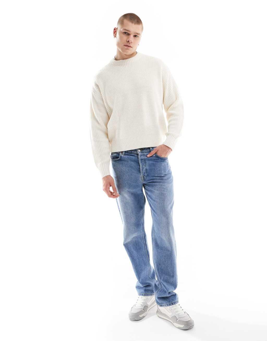 Bershka fisherman ribbed sweater in ecru Product Image
