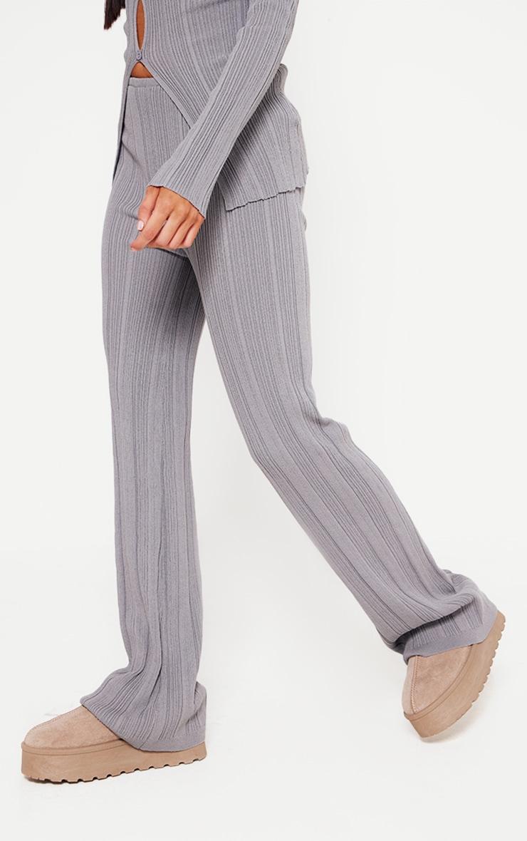 Petite Grey Rib Knit Flared Pants Product Image