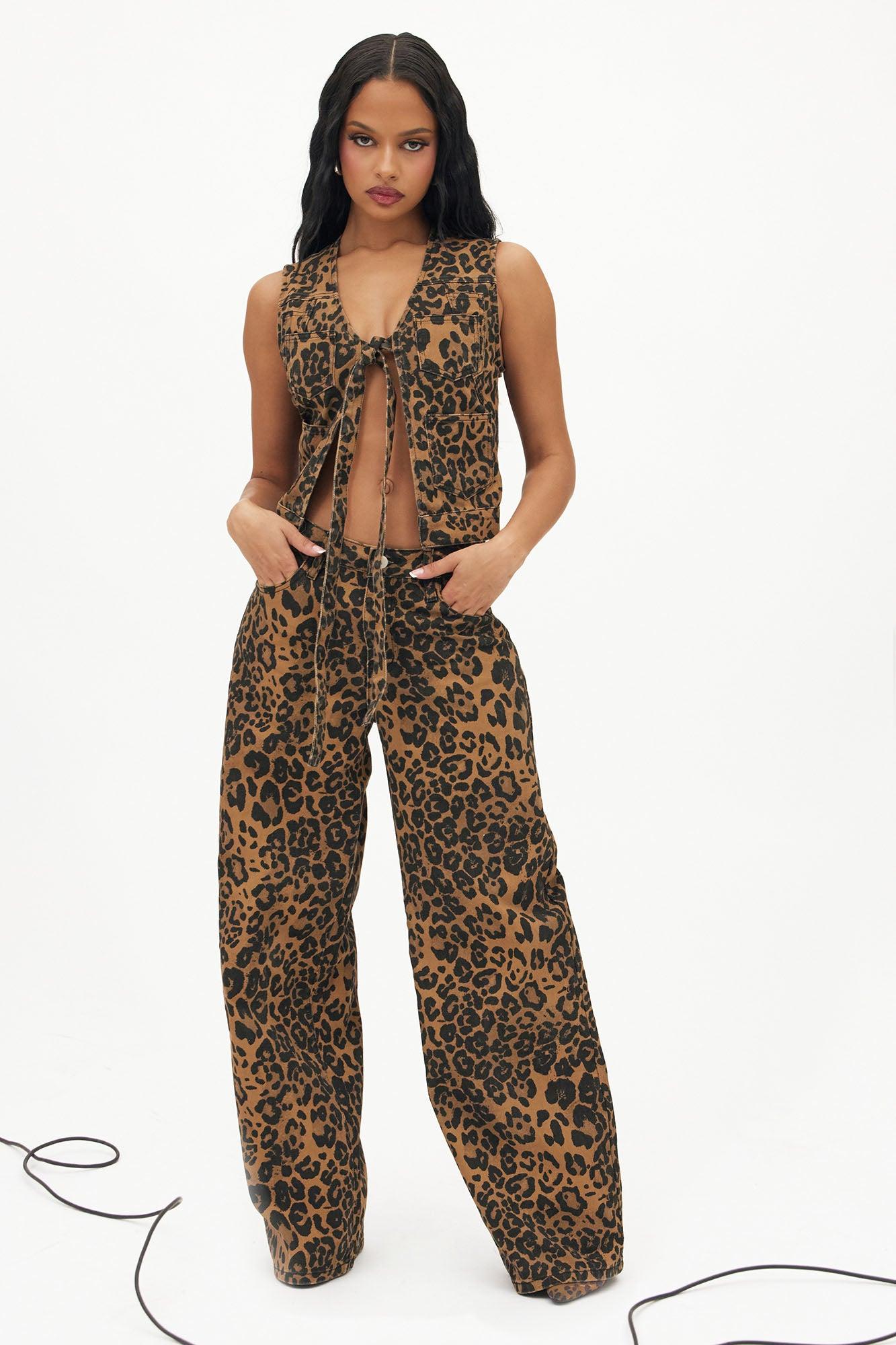 She's A Wild One Cropped Leopard Print Denim Vest - Brown Combo Product Image