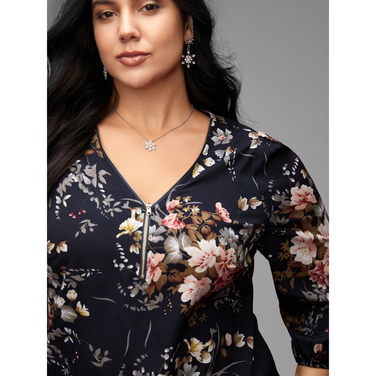 Plus Size Indigo Half Zipper Front Floral Blouse Women Elegant Elbow-length sleeve V-neck Everyday Blouses BloomChic 28/5X Product Image