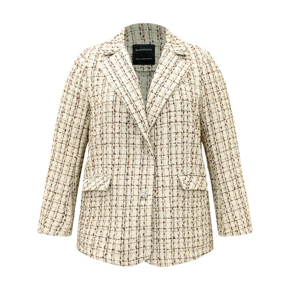 Plus Size Gingham Suit Collar Flap Pocket Blazer Ivory Women Dailywear Gingham Texture Sleeve Long Sleeve Suit Collar 28/5X Pocket Casual Blazers BloomChic Product Image