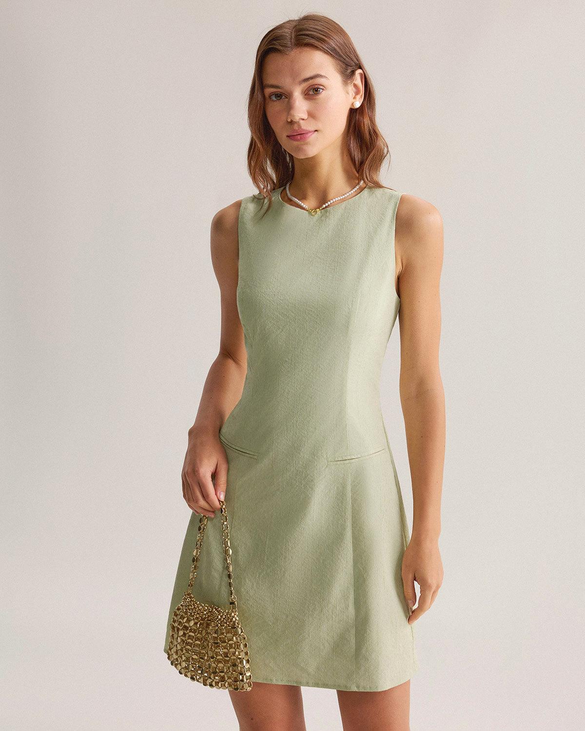 Green Boat Neck Sleeveless Mini Dress Product Image