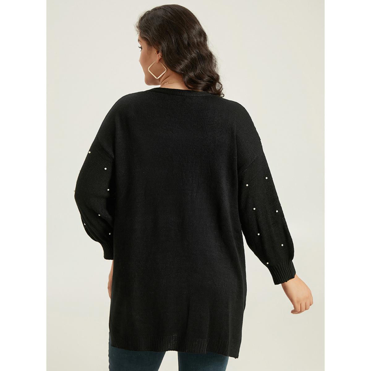 Plus Size Beaded Split Side Patched Pocket Cardigan Black Women Casual Loose Long Sleeve Everyday Cardigans BloomChic 28/5X Product Image