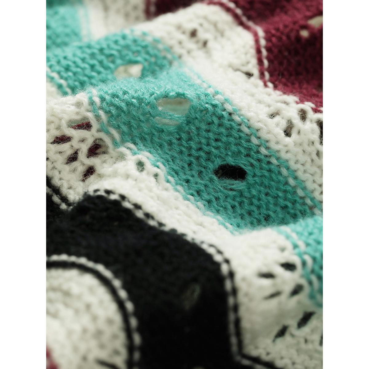 Plus Size Contrast Water Ripple Cut Out Elastic Cuffs Pullover Multicolor Women Casual Loose Long Sleeve Round Neck Dailywear Pullovers BloomChic 12/L Product Image