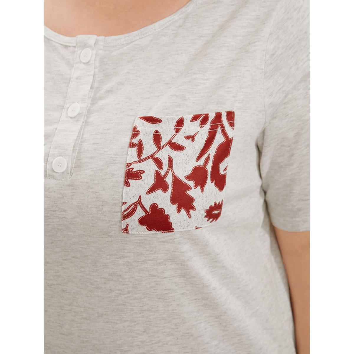 Plus Size Plant Print Button Up Pocket Round Neck Sleep Top Women WhiteSmoke Elegant Silhouette Floral Print Pocket Round Neck Pocket Loungewear BloomChic 14-16/1X Product Image