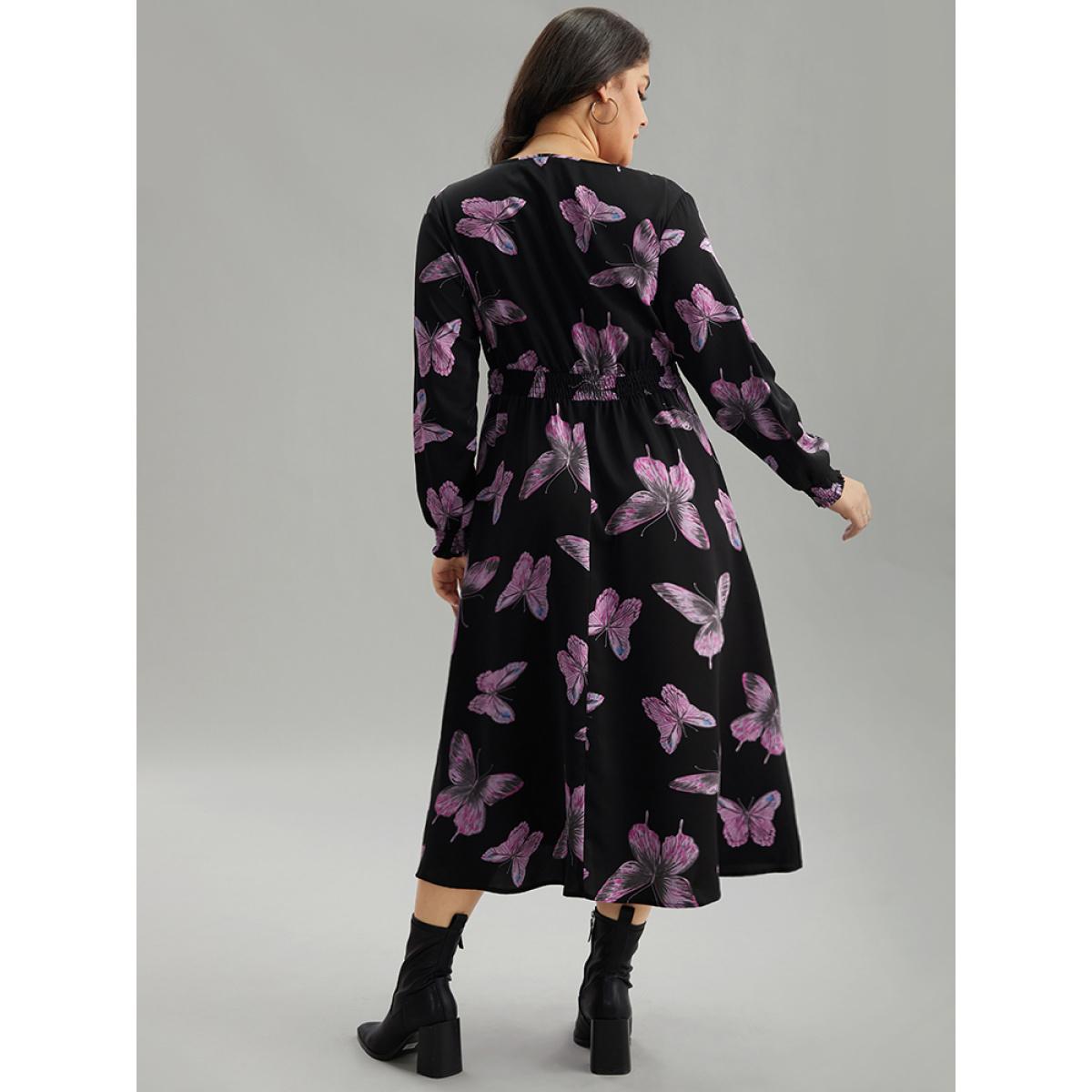 Plus Size Butterfly Print Pocket Shirred Cuffs Dress Black Women Elegant Printed V-neck Long Sleeve Curvy Midi Dress BloomChic 22-24/3X Product Image