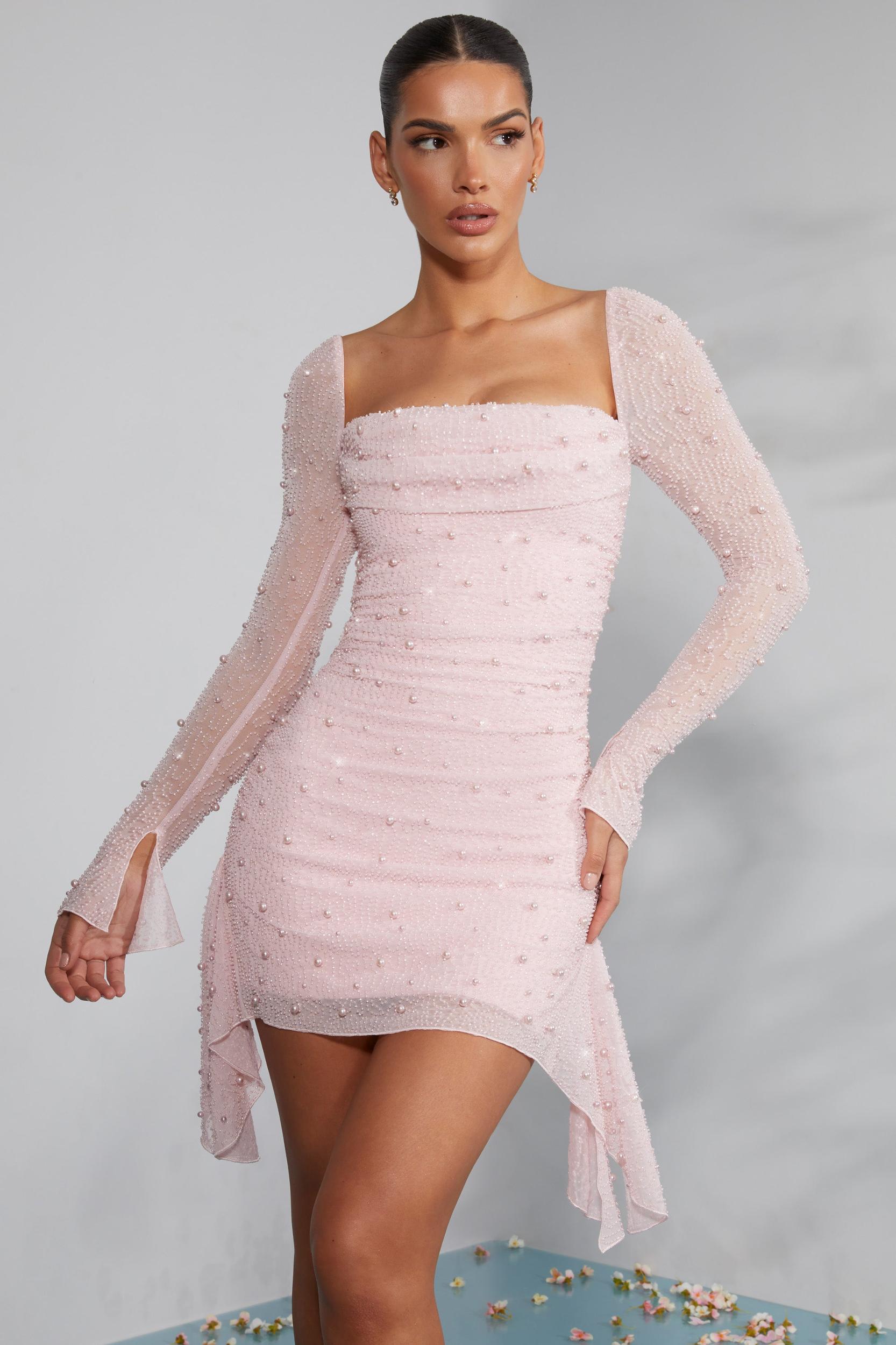 Long Sleeve Embellished Cowl Neck Mini Dress in Blush Product Image
