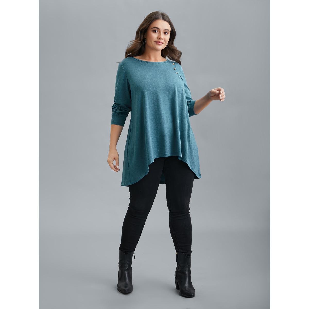 Plus Size Shoulder Button Hi-Low Hem Flared T-Shirt Teal Women Casual Button Round Neck Loose Everyday T-shirts BloomChic 30/6X Product Image