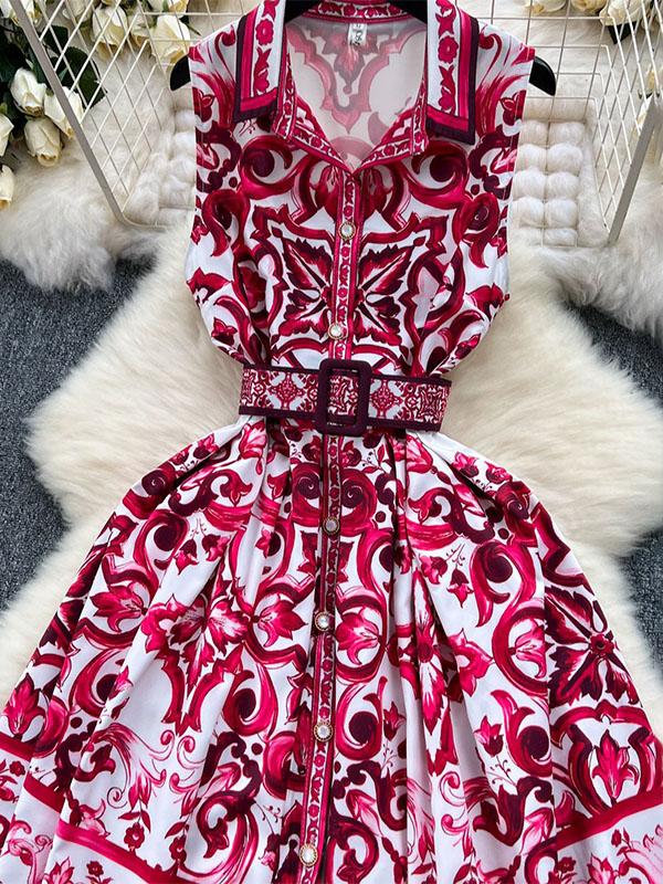 Sleeveless Belt Buckle Buttoned Contrast Color Floral Printed Midi Dresses Product Image