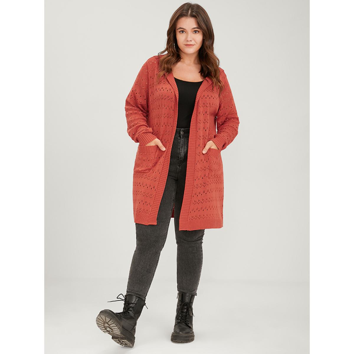 Plus Size Plain Pointelle Knit Pocket Crochet Open Front Hooded Cardigan OrangeRed Women Elegant Loose Long Sleeve Dailywear Cardigans BloomChic 28/5X Product Image