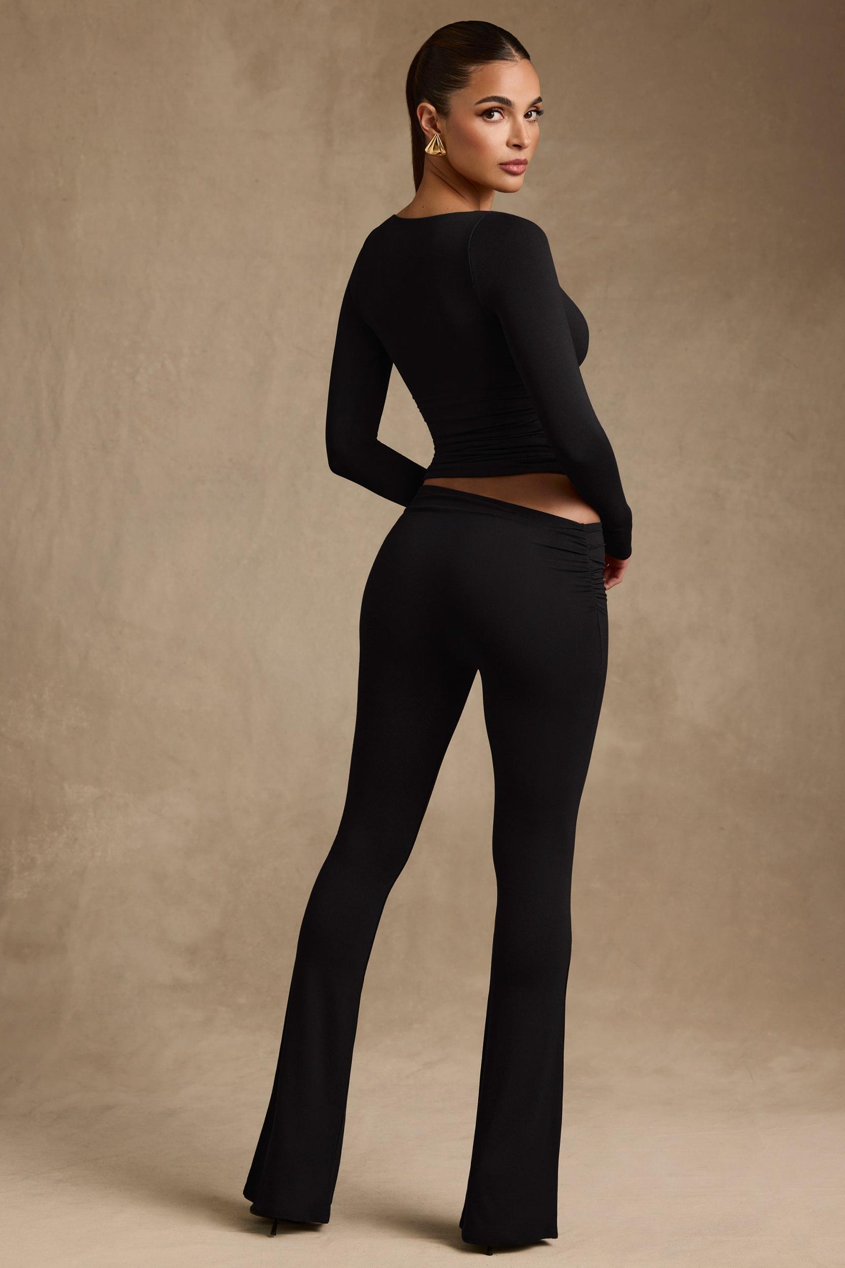 Modal Asymmetric-Waist Flared Trousers in Chocolate Brown Product Image