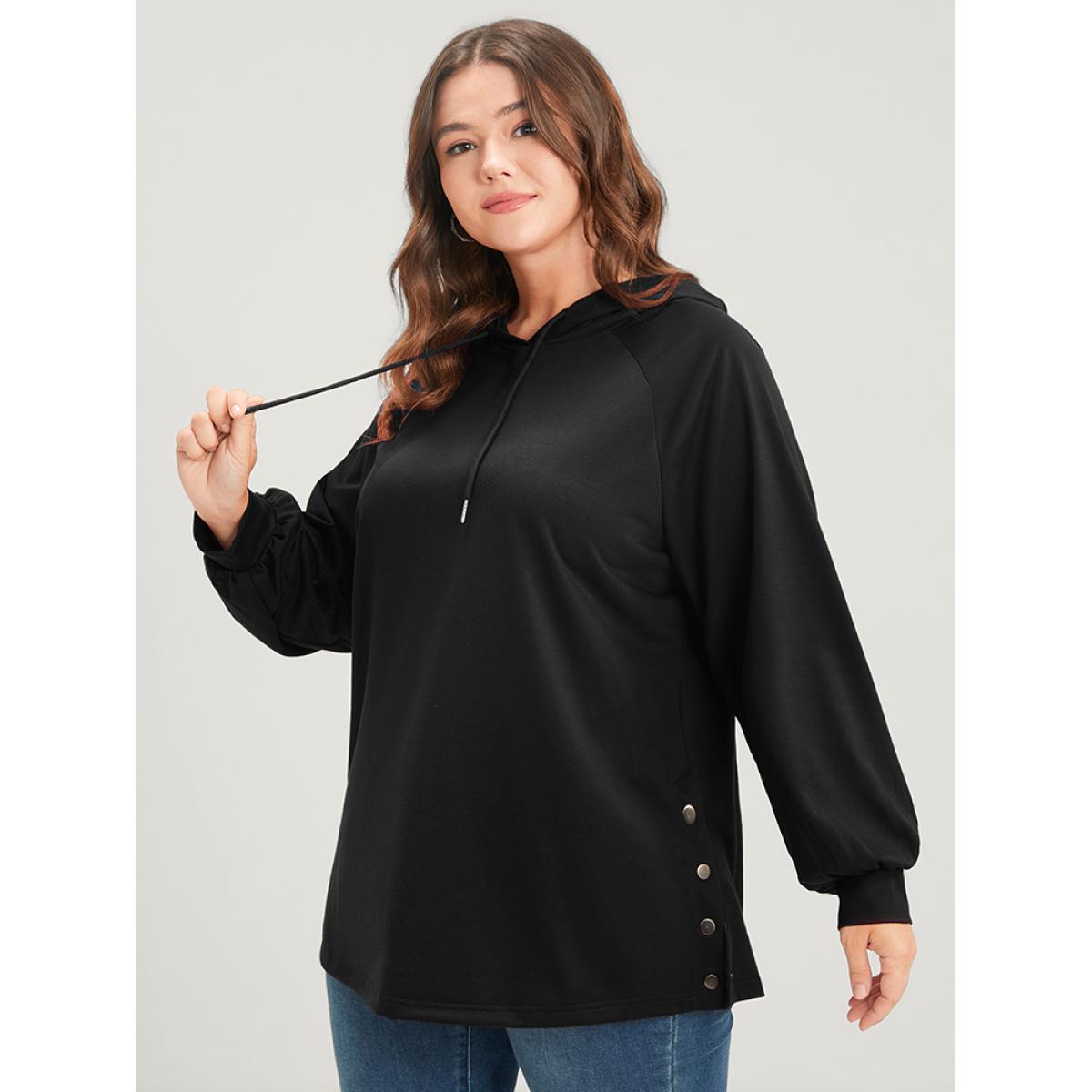 Plus Size Solid Button Side Drop Shoulder Hooded Sweatshirt Women Black Casual Button Hooded Dailywear Sweatshirts BloomChic 12/L Product Image