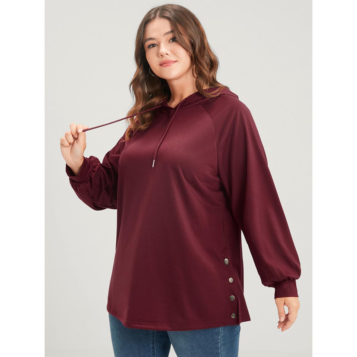 Plus Size Solid Button Side Drop Shoulder Hooded Sweatshirt Women Scarlet Casual Button Hooded Dailywear Sweatshirts BloomChic 18-20/2X Product Image