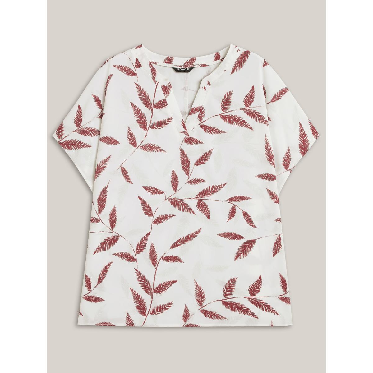 Plus Size WhiteSmoke Leaf Print Notched Collar Blouse Women Casual Short sleeve Flat collar with V-notch Everyday Blouses BloomChic 28/5X Product Image