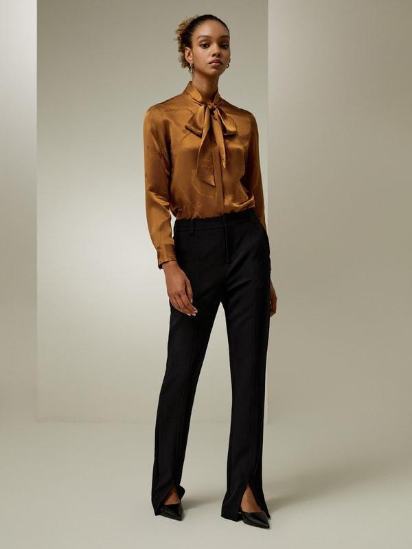 Jacquard-wave Silk Blouse with Bow Product Image