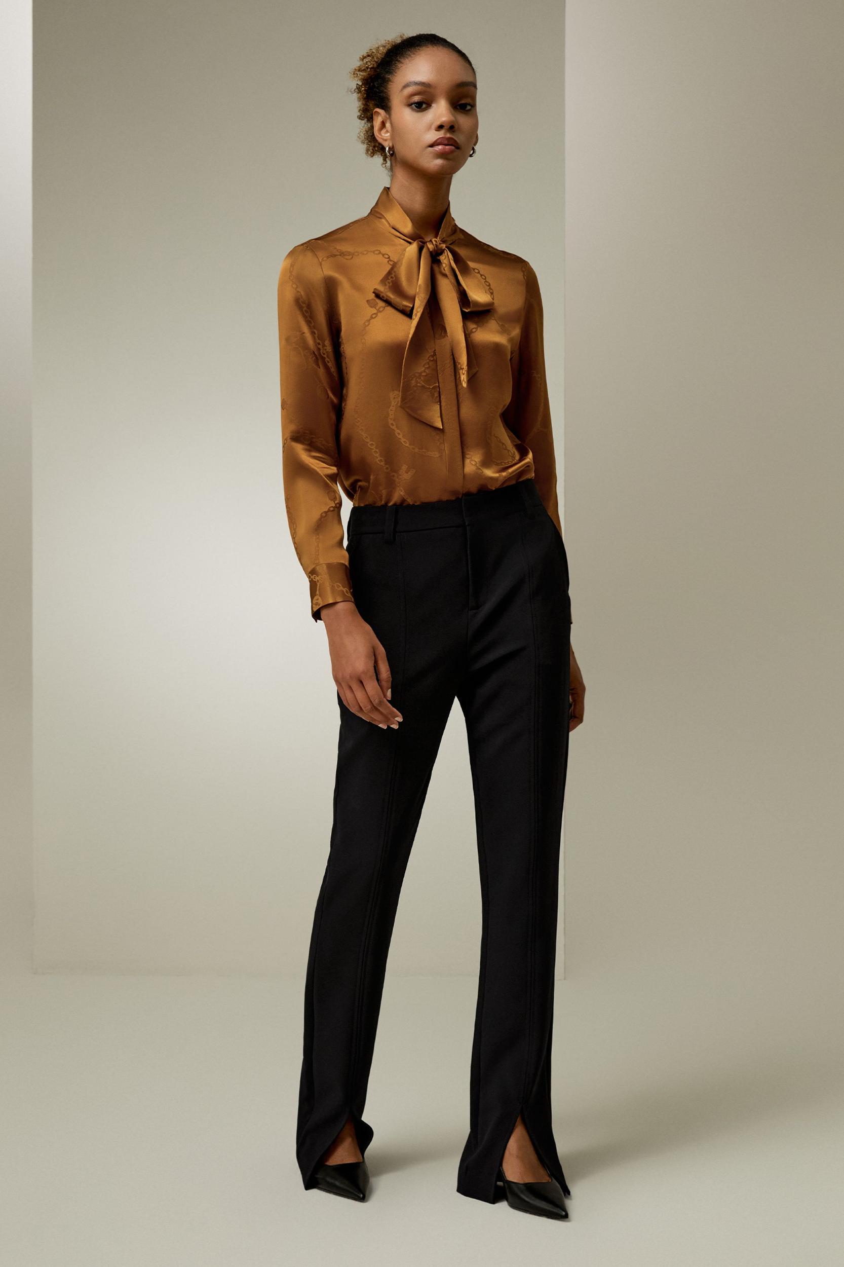 Jacquard-wave Silk Blouse with Bow Product Image