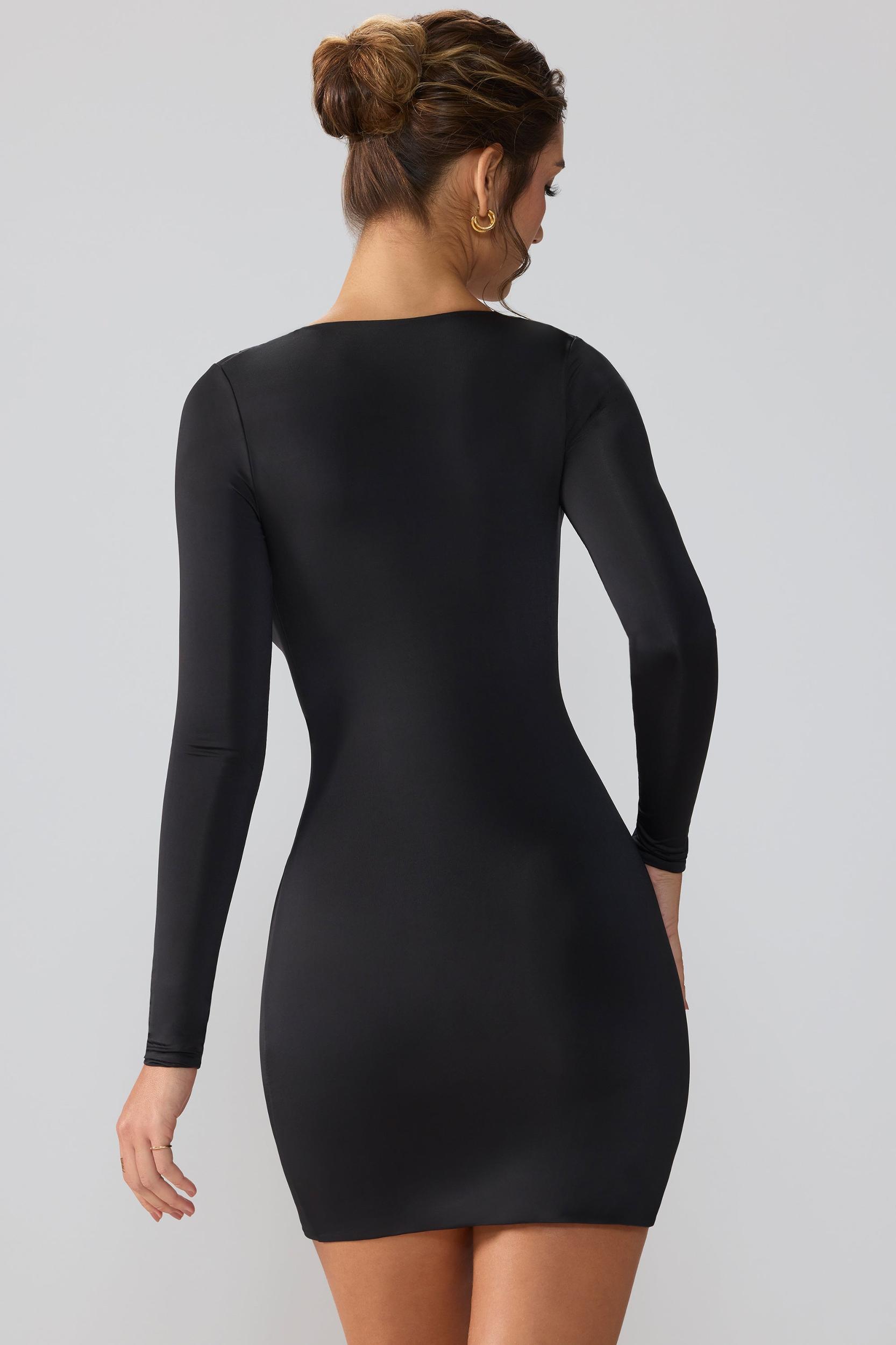 Slinky Jersey Long Sleeve Plunge Neck Mini Dress in Black Product Image