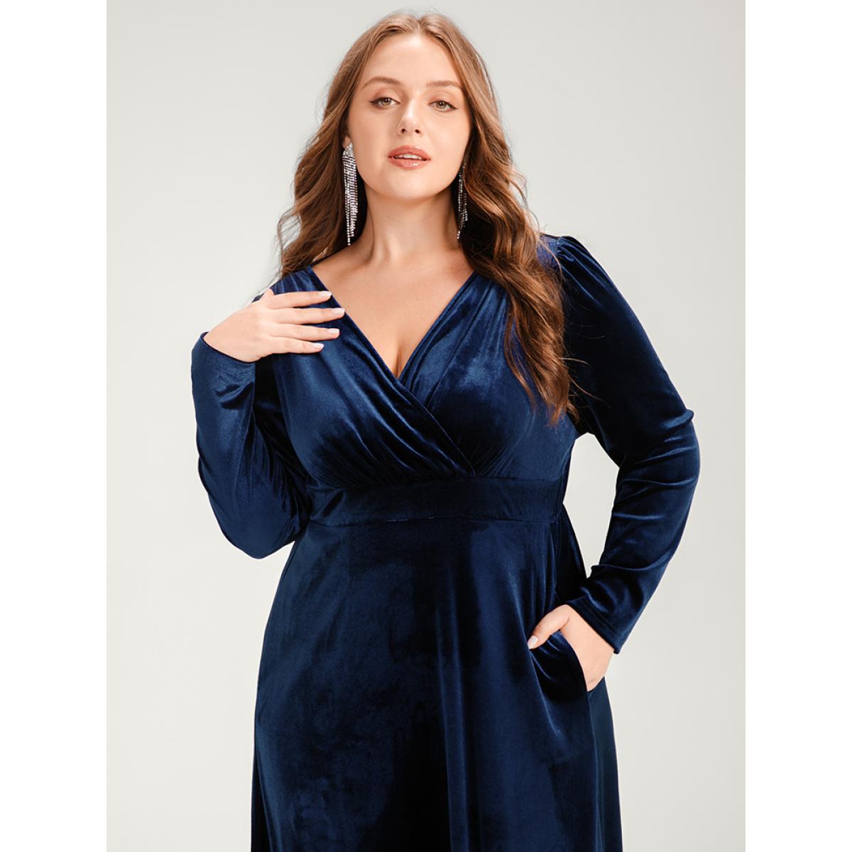 Plus Size Solid Pocket Surplice Neck Velvet Maxi Dress DarkBlue Women Party Pocket V-neck Long Sleeve Curvy Long Dress BloomChic 26/4X Product Image