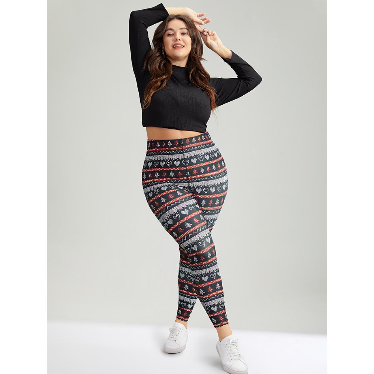 Plus Size Christmas Print Mid Rise Skinny Leggings Women BlackFlower Casual High stretch Skinny Mid Rise Festival-Christmas Leggings BloomChic 12/L Product Image