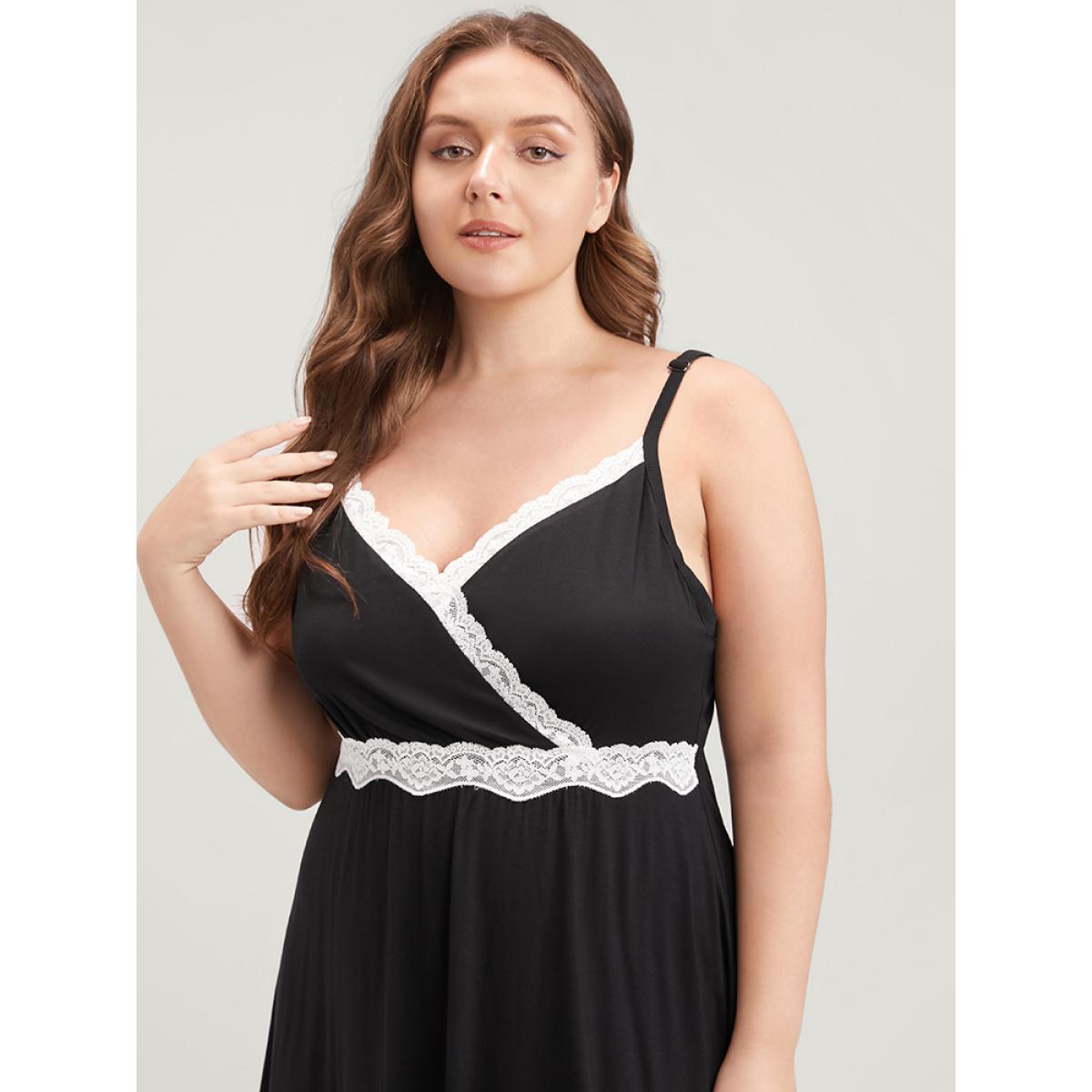 Plus Size Solid Contrast Lace Trim Cami Night Dress Women Black Elegant Plain Spaghetti Strap Loungewear BloomChic 10/M Product Image