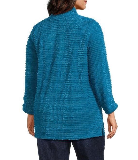 Multiples Plus Size Soft Textured Striped Plush Rib Knit Wrap Collar 3/4 Bungee Sleeve Top Product Image