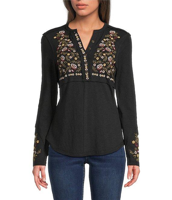 Reba Sedona Scoop Neck Long Sleeve Embroidered Henley Tee Product Image