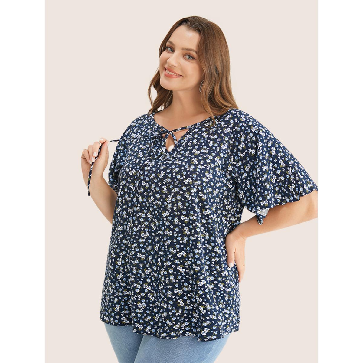 Plus Size Indigo Ditsy Floral Ruffle Sleeve Tie Neck Blouse Women Elegant Short sleeve V-neck Everyday Blouses BloomChic 18-20/2X Product Image