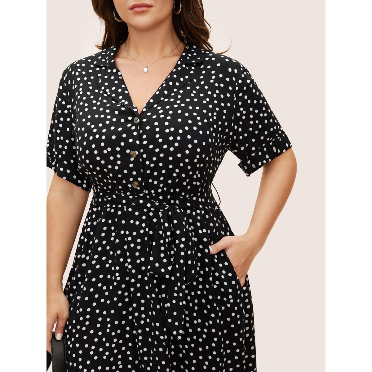 Plus Size Polka Dot Suit Collar Cuffed Sleeve Dress Black Women Workwear Essentials Belted Suit Collar Short sleeve Curvy BloomChic 14-16/1X Product Image