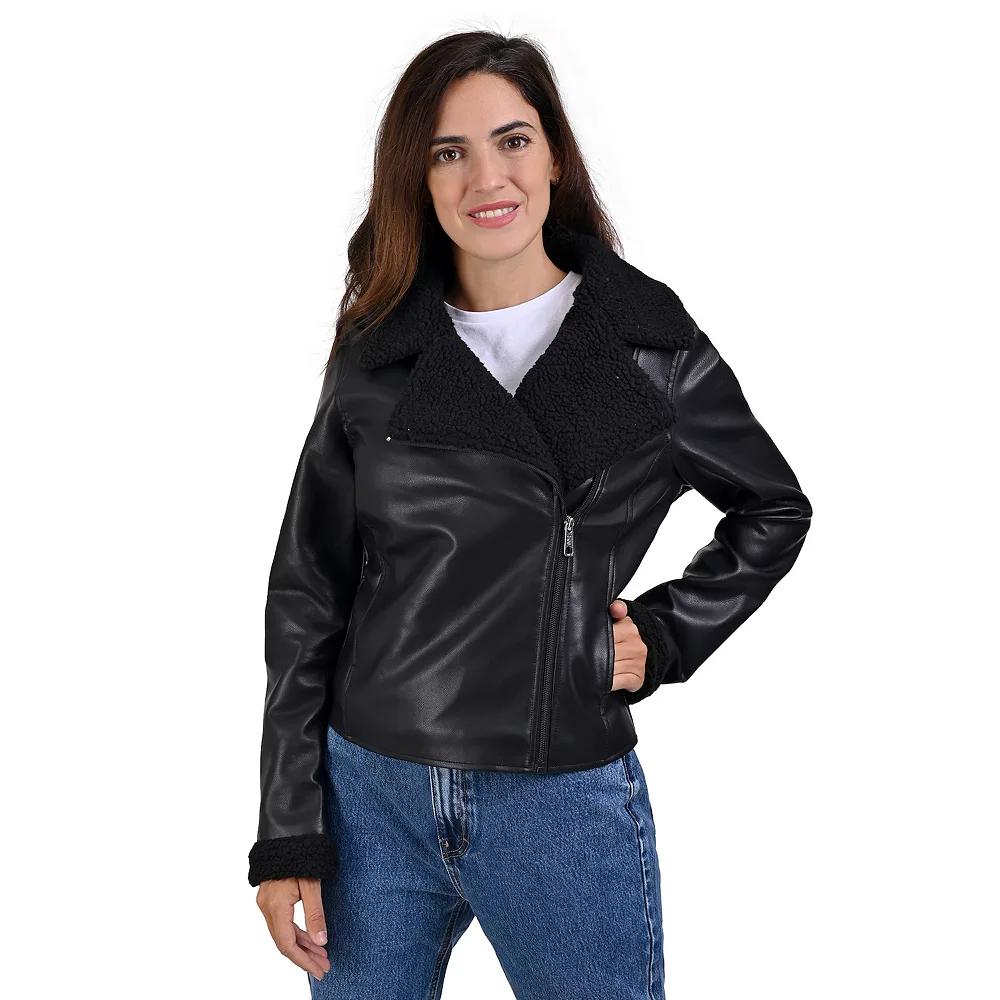 Women's Lee® Faux Leather With Faux Shearling Lining Biker Jacket, Size: Small, Black Product Image