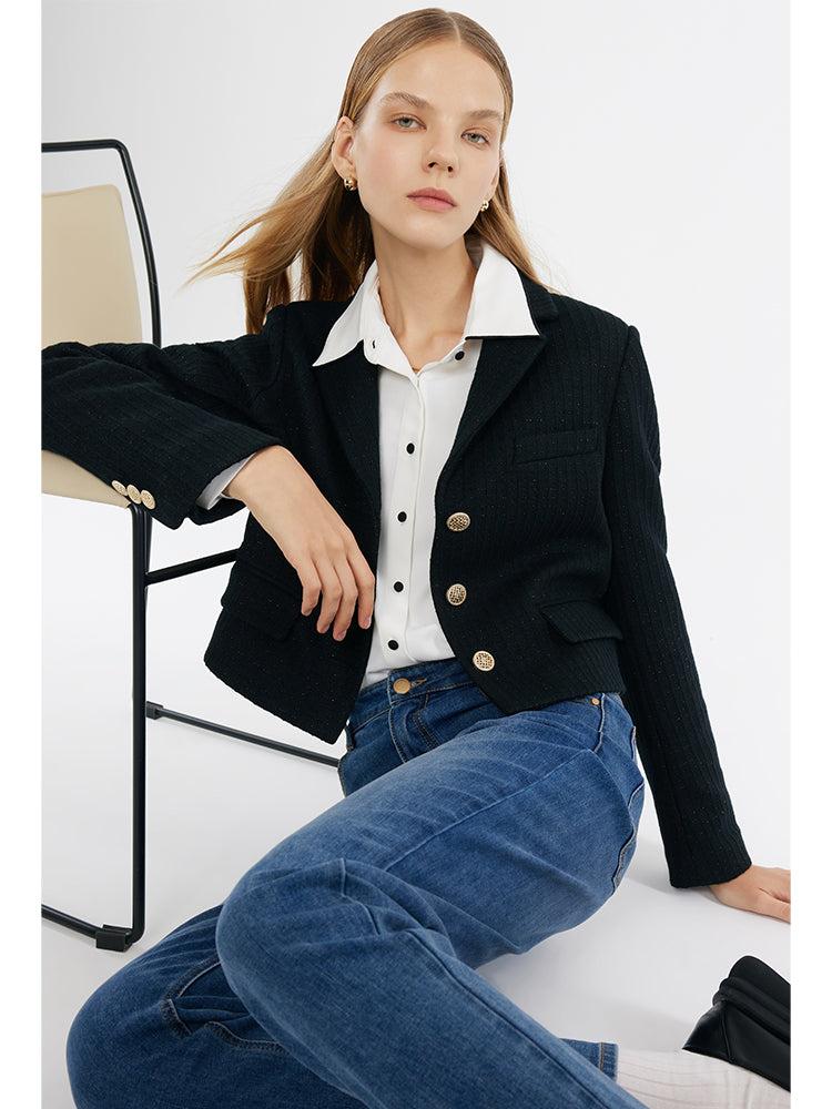 Vintage Single-Breasted V-Neck Women Crop Jacket Product Image