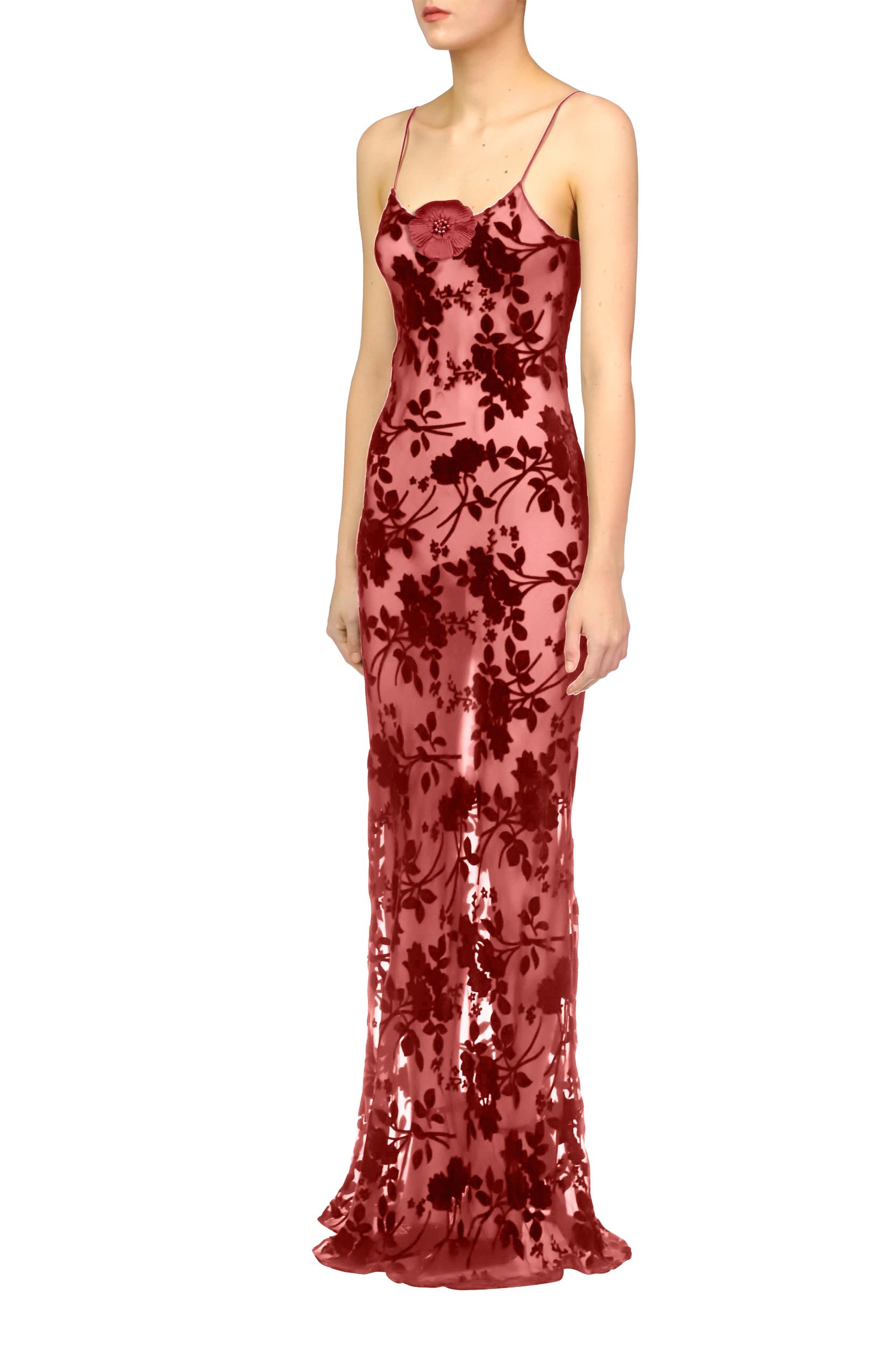 Burgundy Burnout Velvet Slip With Silk Flower Pin Product Image