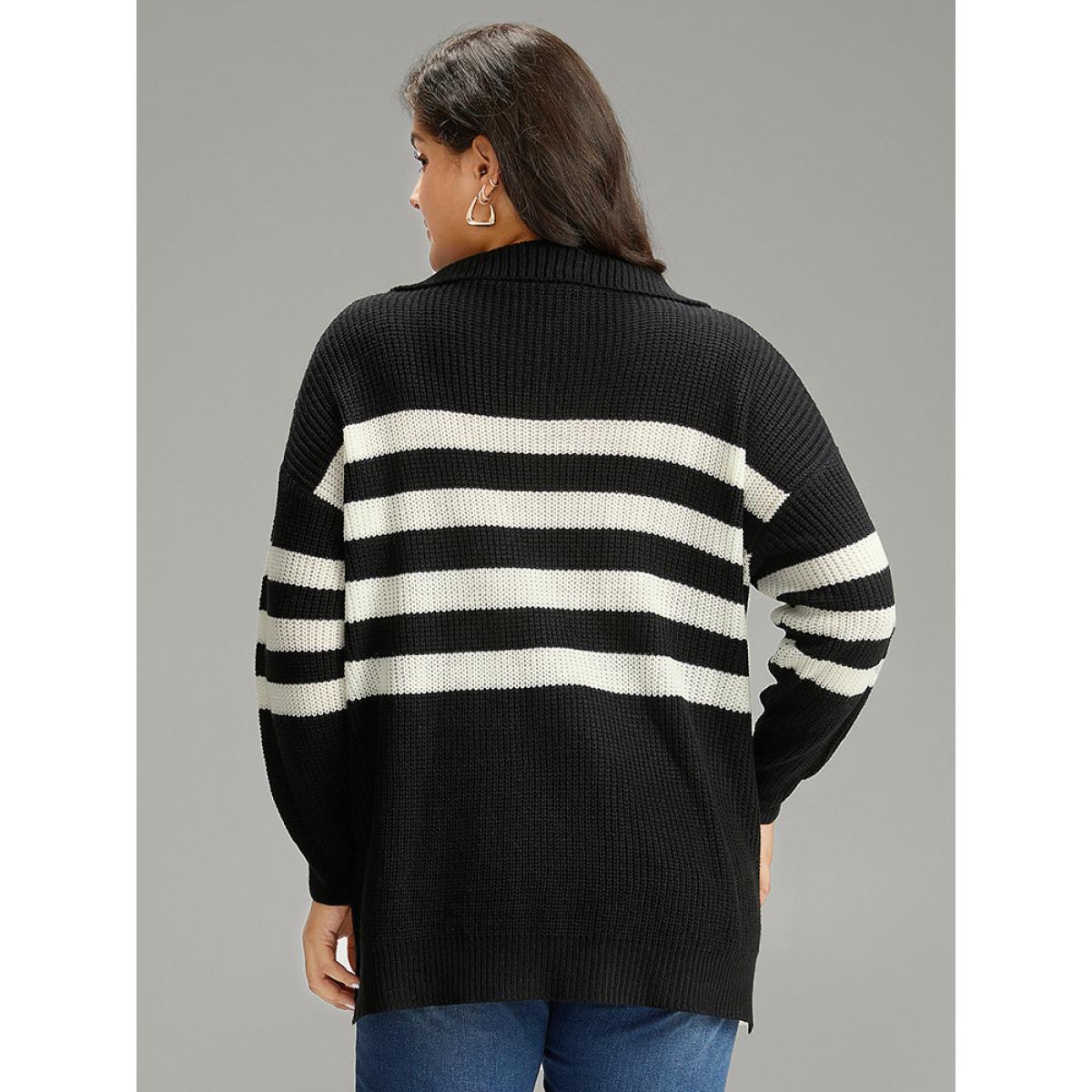 Plus Size Striped Zipper Lapel Collar Drop Shoulder Pullover Black Women Casual Loose Long Sleeve Lapel Collar Dailywear Pullovers BloomChic 14-16/1X Product Image