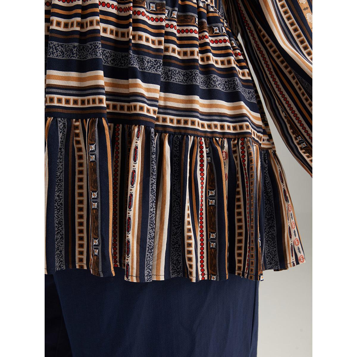 Plus Size Indigo Bandana Stried Crew Neck Gathered Blouse Women Vacation Long Sleeve Round Neck Dailywear Blouses BloomChic 22-24/3X Product Image